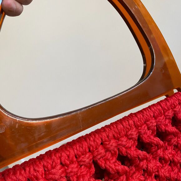 Vintage Boho Cherry Red Crochet Purse with Retro Chunky Amber Lucite Handles - Picture 4 of 10